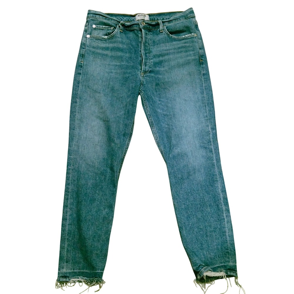 AGOLDE Womens High Rise Straight Jeans Medium Wash Frayed Hem Blue Stretch 31